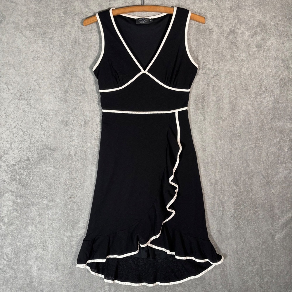 Vintage CDC Petite Black White Ruffle Faux Wrap High-Low Babydoll Dress 4 Gothic